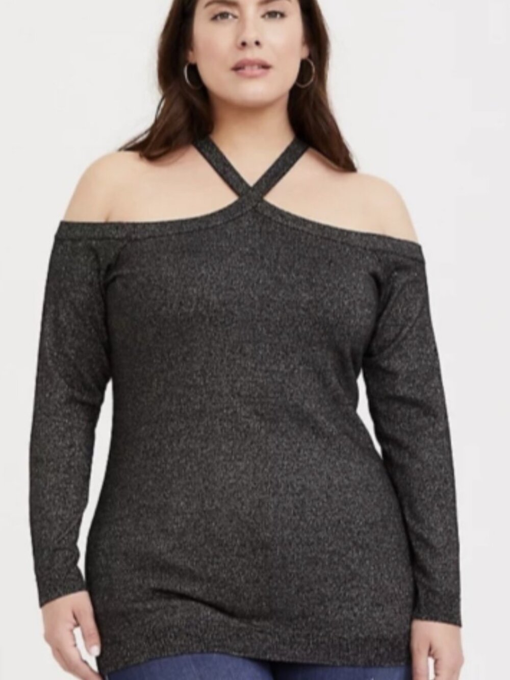 Torrid Metallic Cross Neck Sweater Women's Size 2X Black with Silver Metallic